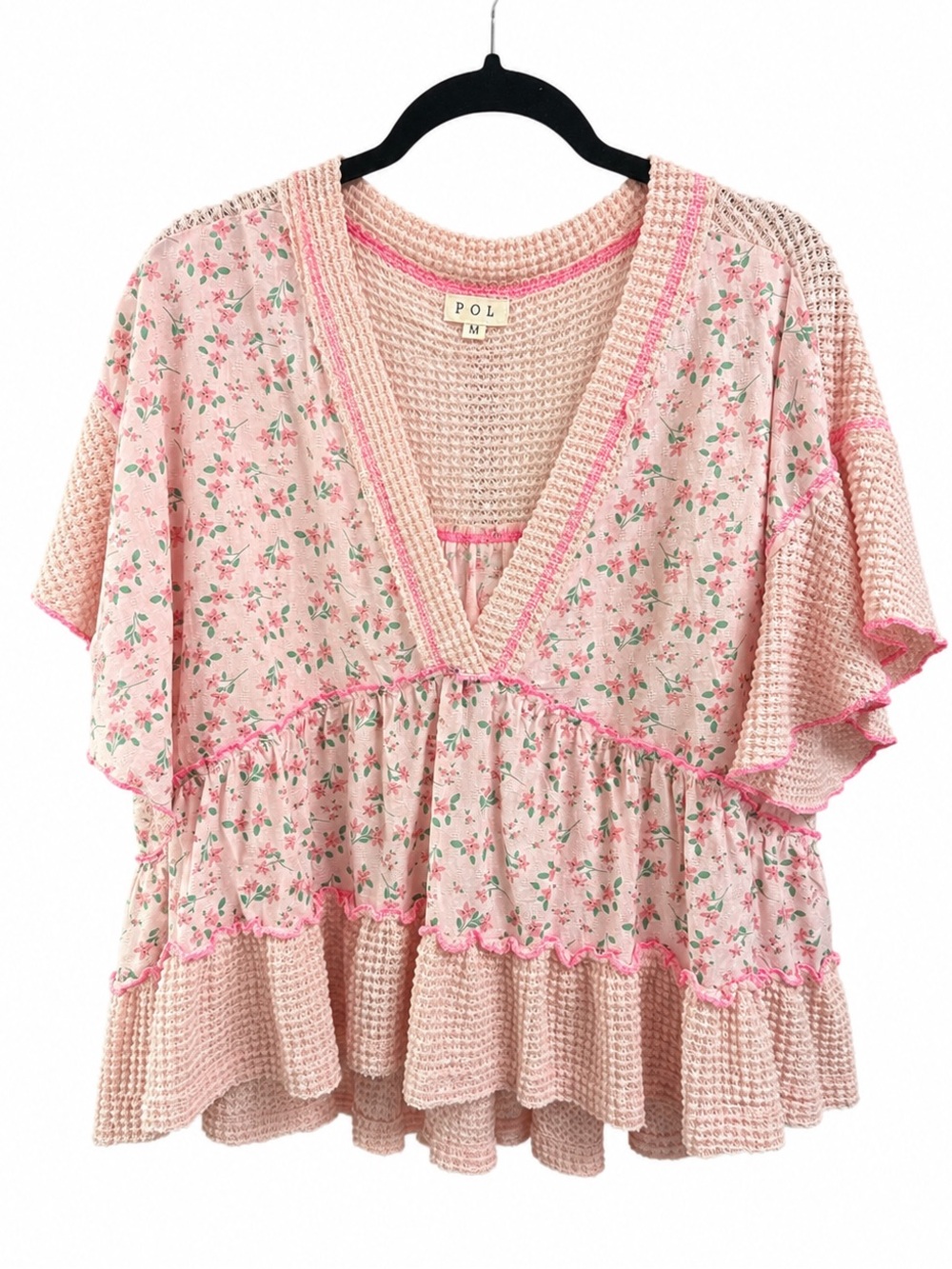 NEW POL Floral Waffle Knit Babydoll Tunic Pink Boho Flutter Sleeve Top M - Picture 6 of 6